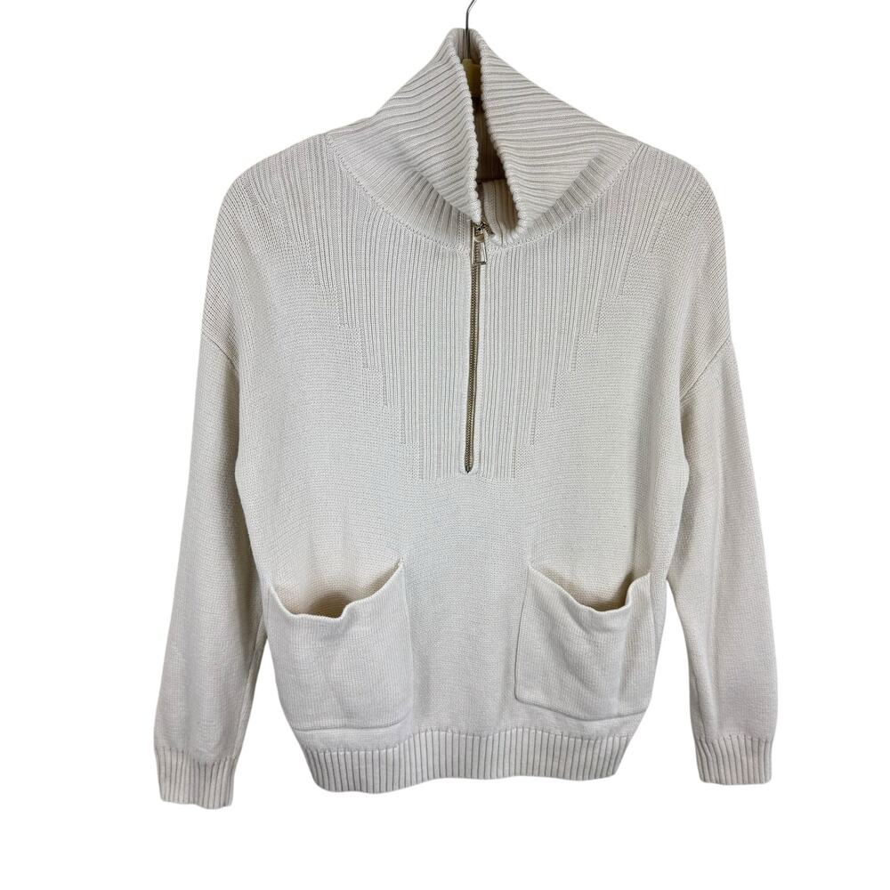 Cambridge Dry Goods Cream Half Zip Cotton Blend Mock Neck Cozy Preppy Sweater S